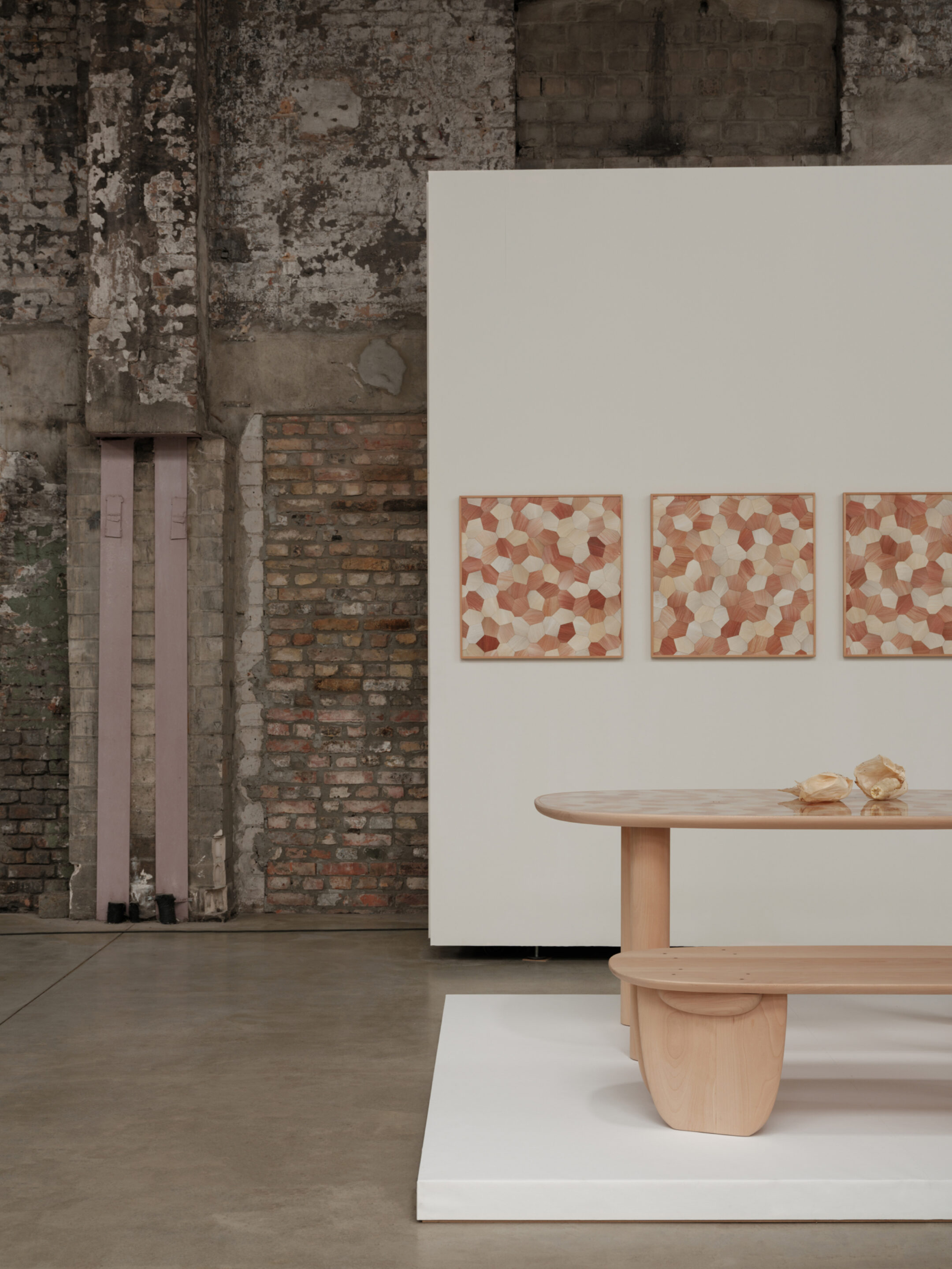 Totomoxtle Table and Wall Panels and Wooden Bench by Fernando Laposse